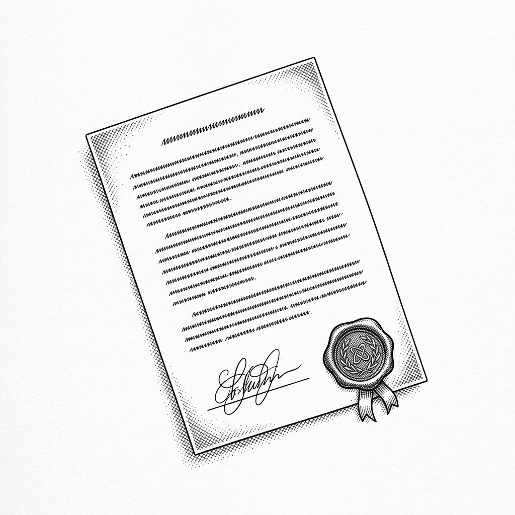 Line engraving of a signed contract with a wax seal
