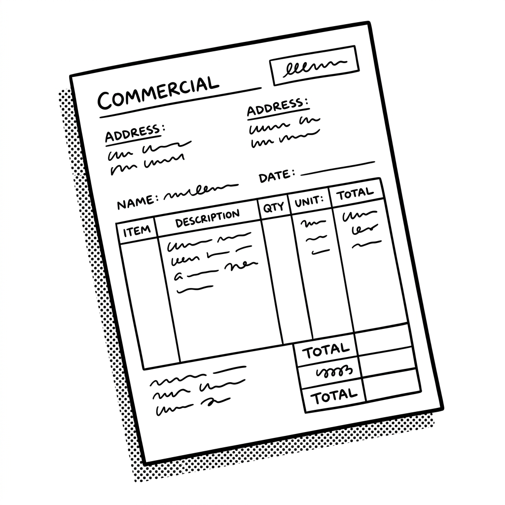 Line engraving of a commercial invoice with a line-item table